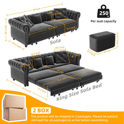 3 In 1 Pull Out Sofa Bed, Convertible Sleeper Sofa Bed, 3 Seater Sofa With Movable Ottoman - Gray