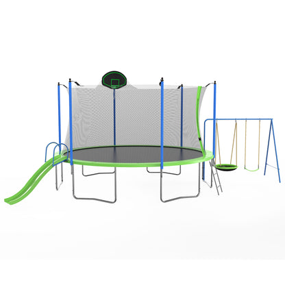 14FT Trampoline with Slide and Swings, Double color cover, Trampoline with Basketball Hoop and Ladder,Outdoor Backyard Trampoline with Net, Capacity for Kids and Adults