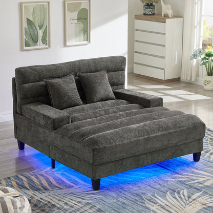Chaise Bed Lounge Sofa Chair With Adjustable Backrest And LED Light Strip - Gray