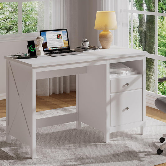 47' Farmhouse Wood Writing Desk With Drawers, Home Office Desk with Charging Station, 2 Storage Drawers and Open Shelf, Vanity Desk Writing Table for Study and Bedroom,White